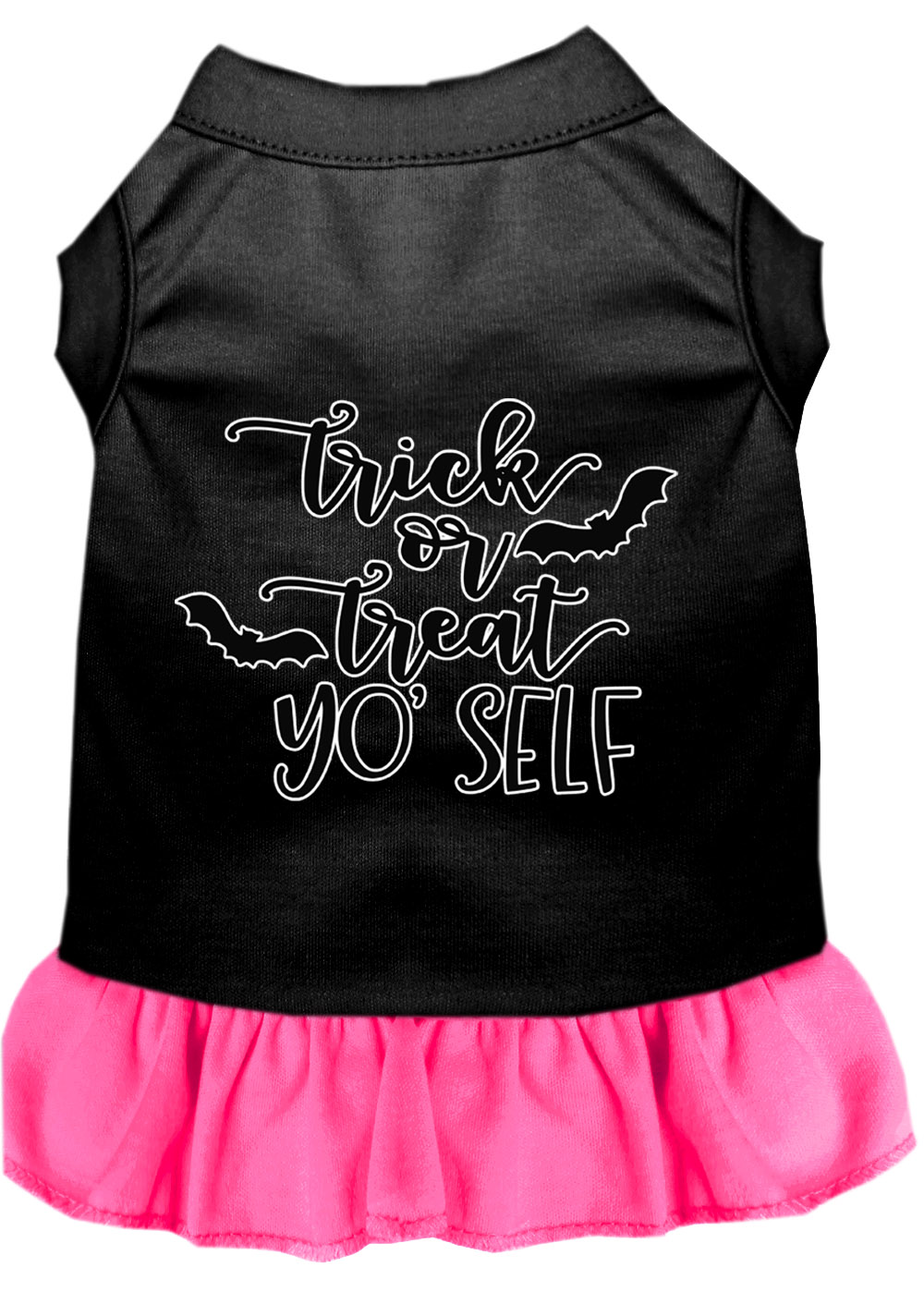 Trick or Treat Yo' Self Screen Print Dog Dress Black with Bright Pink Lg